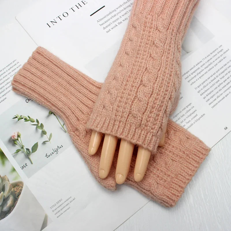 Men Women Stretch Acrylic Knit Stripe Fingerless Mitten Student Couple Winter Warm Twist Flower Half Finger Solid Glove Amagi