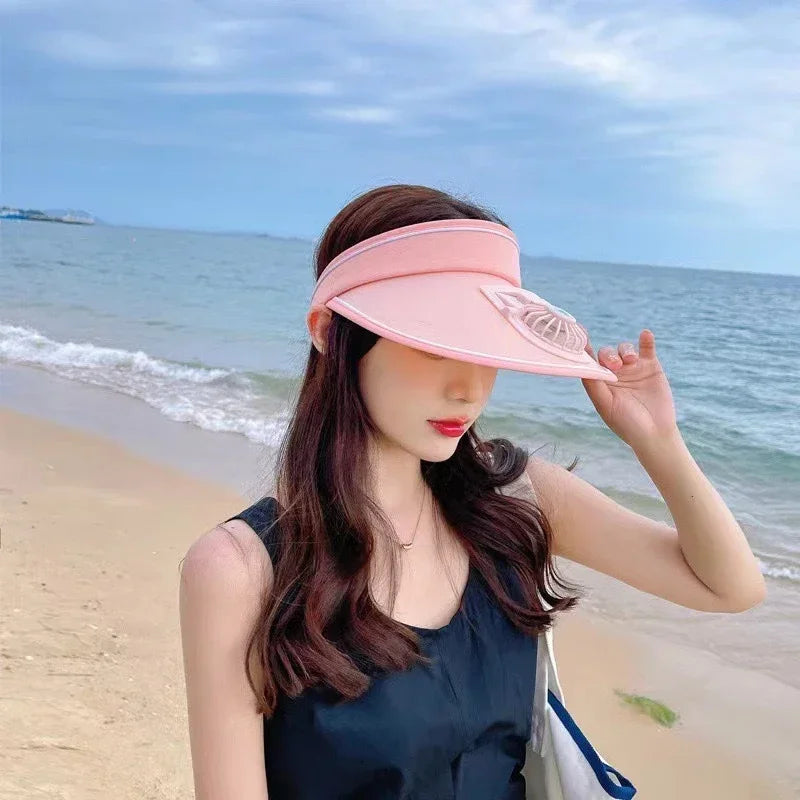 Summer Large Brim Empty Top Sunscreen Cap USB Fan Hat for WOMEN'S Leisure Outdoor Sports Travel Cycling Sun Hat Beach Fan Amagi