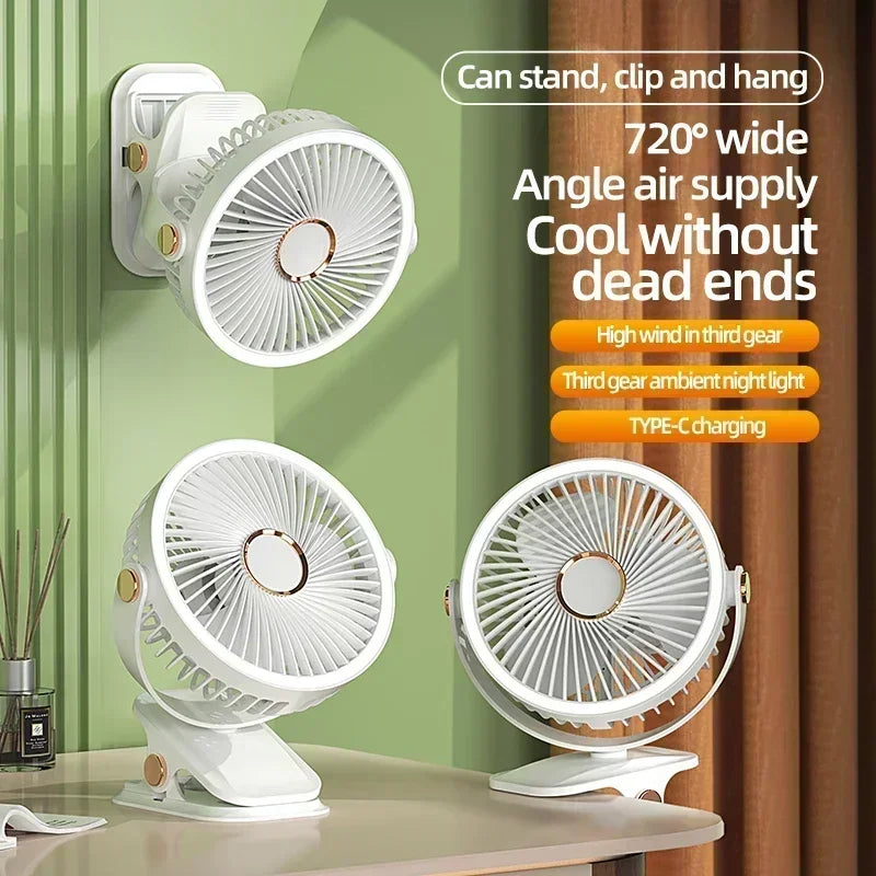 Clip-on Fan Quiet Rechargeable Desktop Portable Air Circulator Wireless Fan With LED Light For Camping Amagi