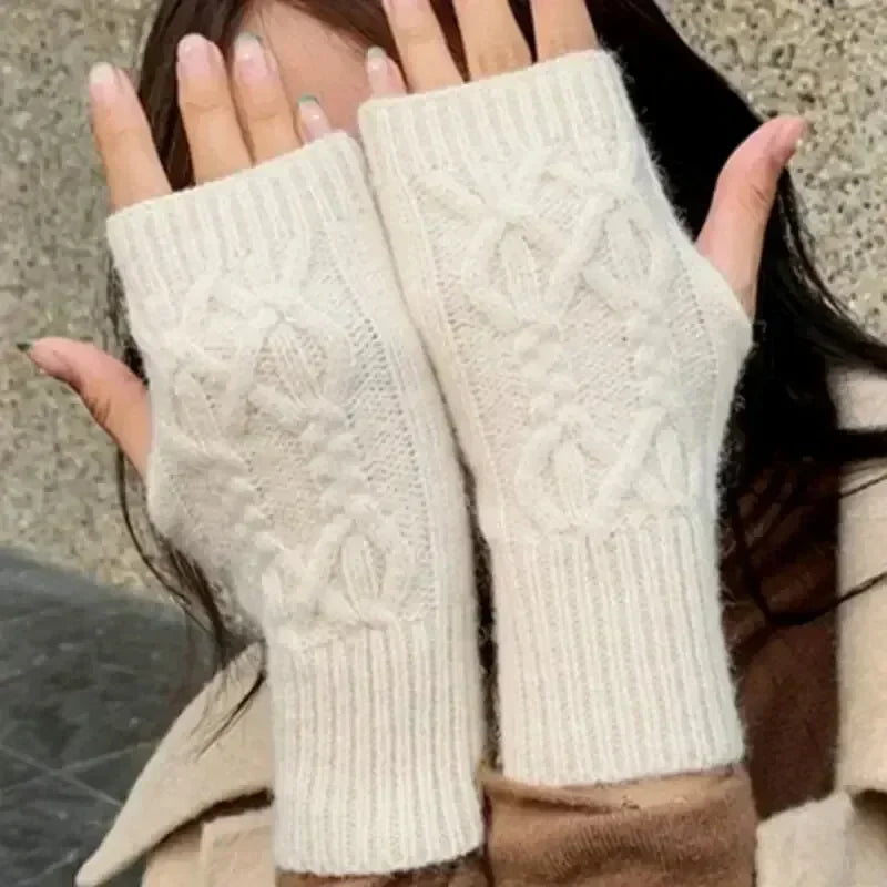 Men Women Stretch Acrylic Knit Stripe Fingerless Mitten Student Couple Winter Warm Twist Flower Half Finger Solid Glove Amagi