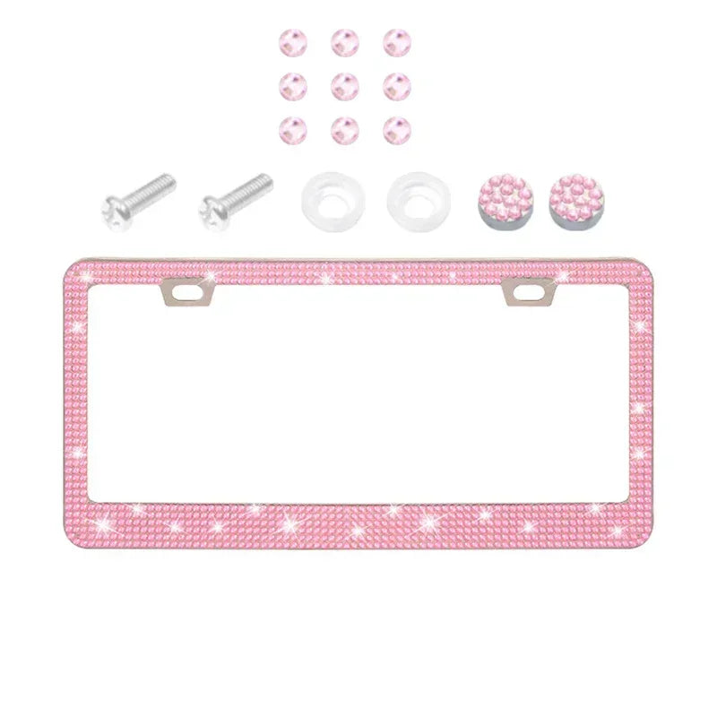 Bling Crystal License Plate Frame Luxury Car Frame Plate with Button Diamond Car License Plate Frame Cover for Women-2 Pack