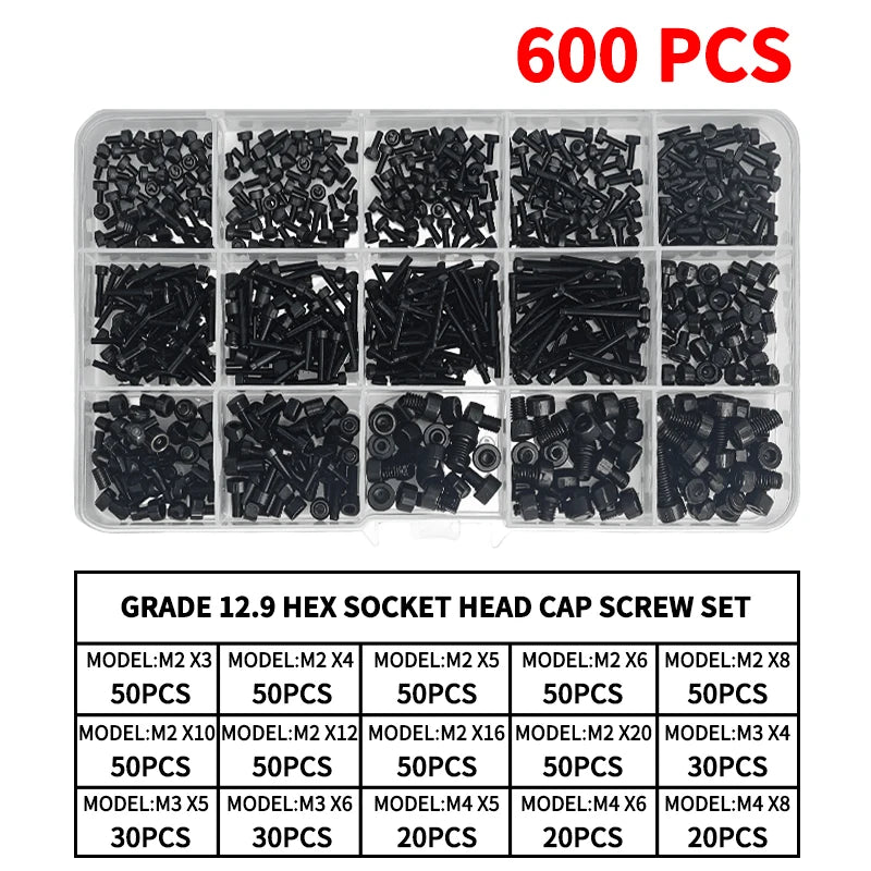 Grade 12.9 Carbon Steel Socket Head Cap Screws Kit, M3 M4 M5 M6 M8 Assortment, High Tensile Hex Bolts, Rust Resistant, Allen Key