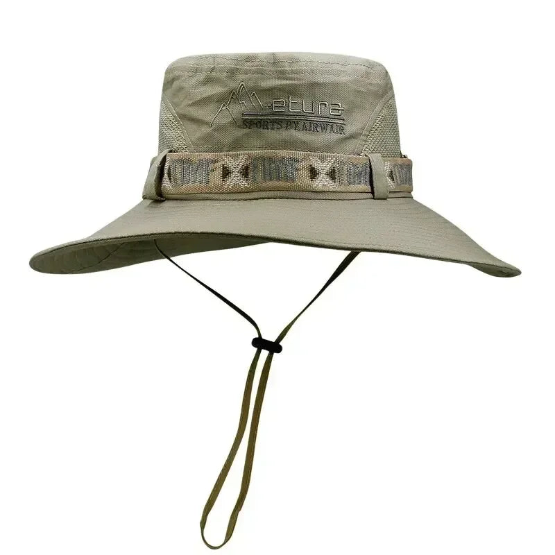 Summer Men Outdoor UV Protection Wide Brim Hiking Hat Mesh Fisherman Hat Beach Sunscreen Cap Summer Bucket Hats Men Amagi