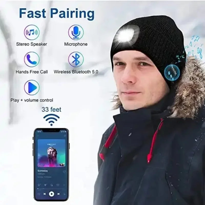 Winter Men Beanie Hat with LED Light Rechargeable Knitted Hat for Woman Cap Night Running Fishing Riding Sports Teenager Beanies