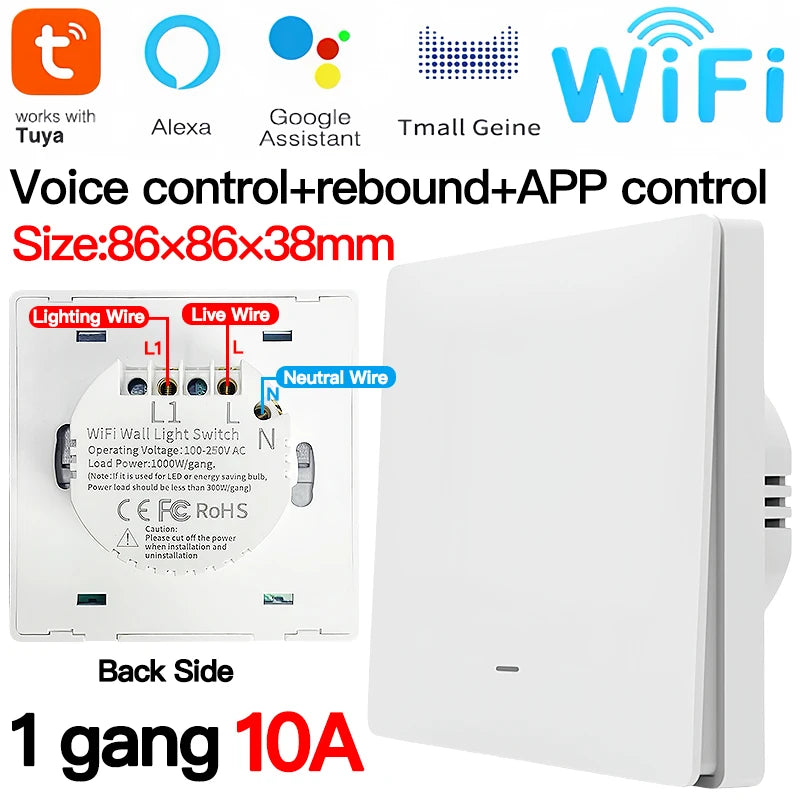 Tuya ZigBee Smart Light Switch No Neutral Wire No Capacitor Needed,1/2/3 Gang Wall Touch Interrupter Work with Alexa Google Home