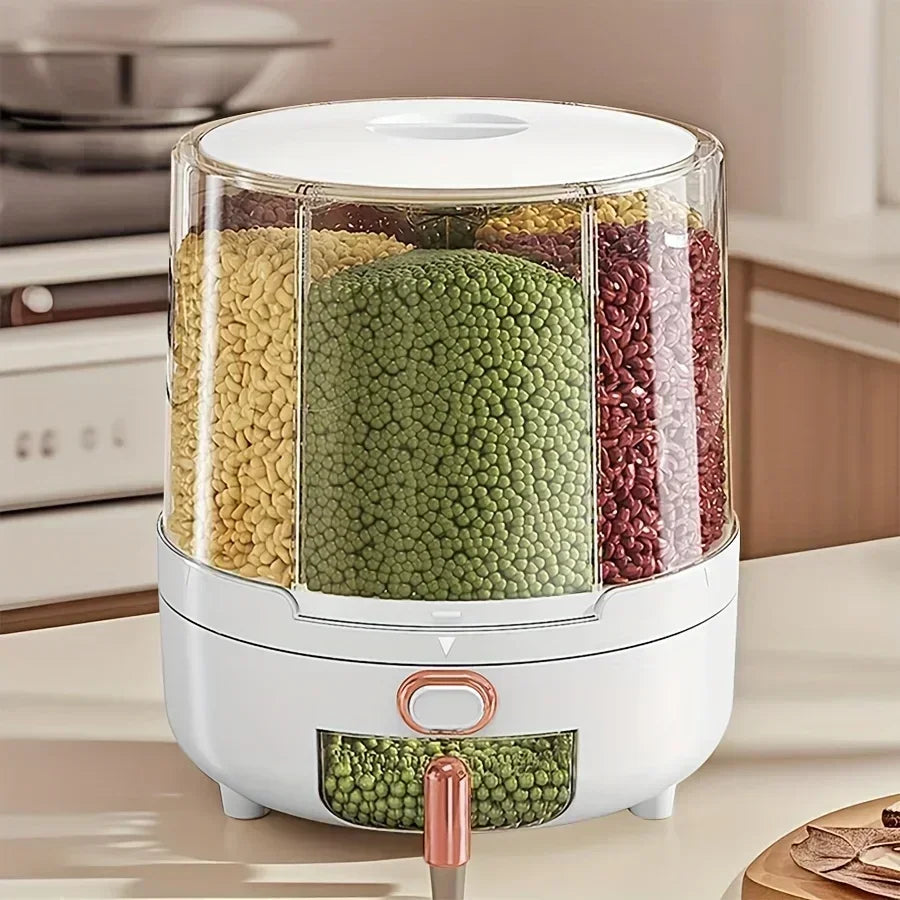 6-Compartment 360° Rotating Airtight Food Storage Container - Moisture-Proof for Cereal, Candy, Rice - Kitchen Pantry Organizer