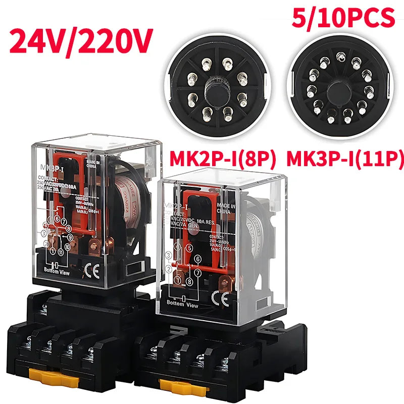 MK2P-I MK3P-I Intermediate Relay, 8/11 Pin Electromagnetic Power Relay with Copper Coil and Silver Contact AC220V DC24V