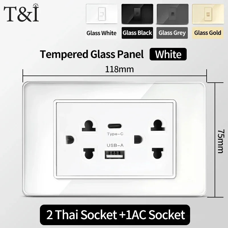 118x75mm Tempered Glass US-Thai Socket: Dual USB-C Ports & 2 AC Outlets for 110V, Scratch-Resistant Panel