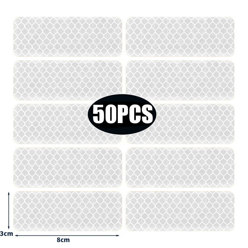 50/10pcs Car Bumper Reflective Stickers Reflective Warning Strip Tape Secure Reflector Stickers Decals Safety Warning 3*8CM