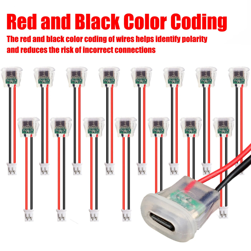Snap in Panel Mount Type C Female Socket Waterproof C Jack 2 Pin Bare Wire Pigtail 5V 3A Power Charger Port for Car Truck DIY