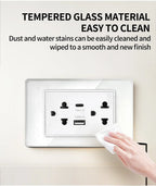 118x75mm Tempered Glass US-Thai Socket: Dual USB-C Ports & 2 AC Outlets for 110V, Scratch-Resistant Panel