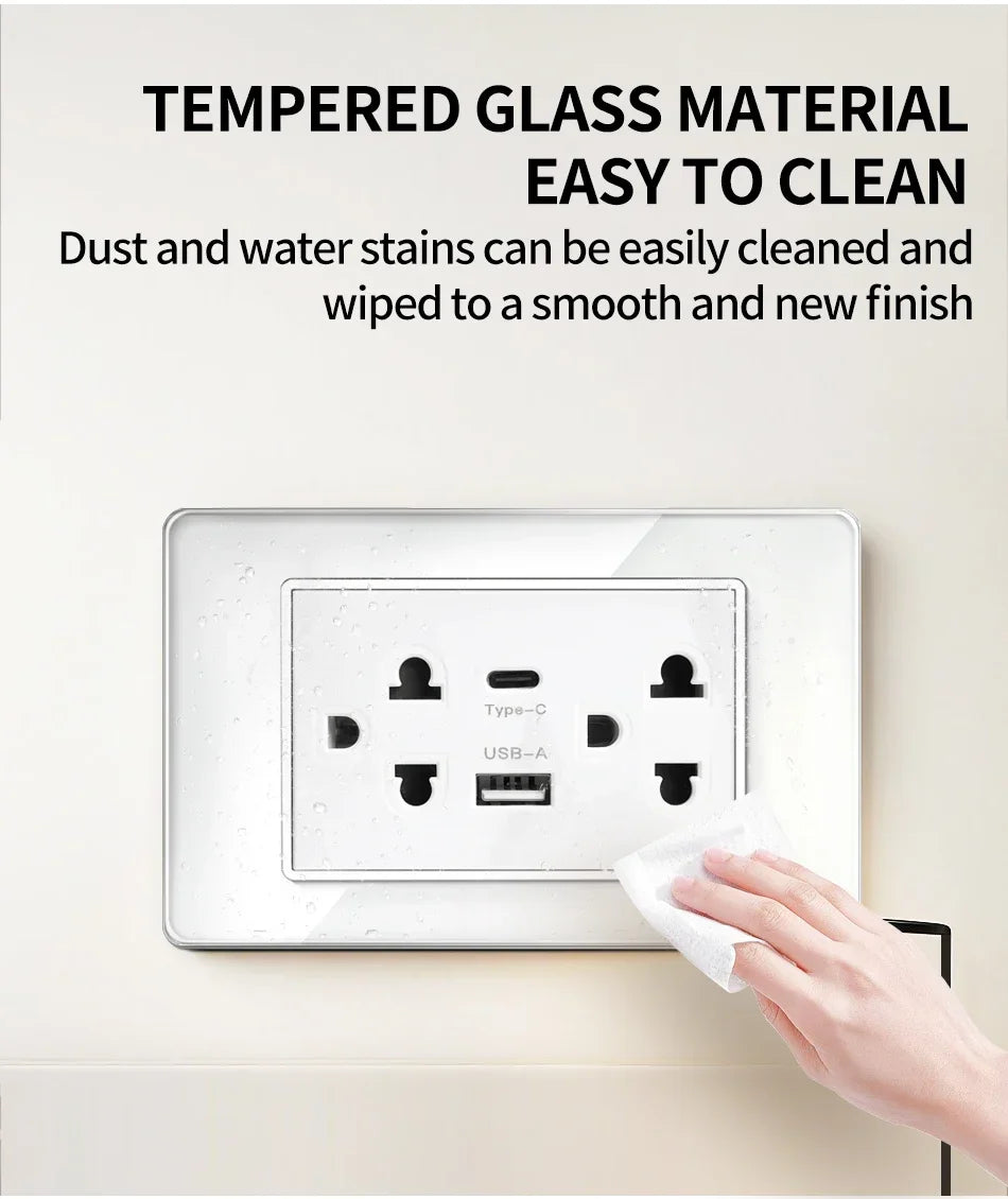 118 Series Glass Panel Wall Switch Socket, US Mexico Standard, USB and Type-C Charging Ports, 1/2/3/4 Gang Options