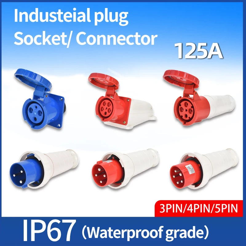 Industrial IP67 Plug 3/4/5 Pin 125A Waterproof Dustproof Socket Male and Female Wall Mounted Panel Concealed Conductor 380V 415V