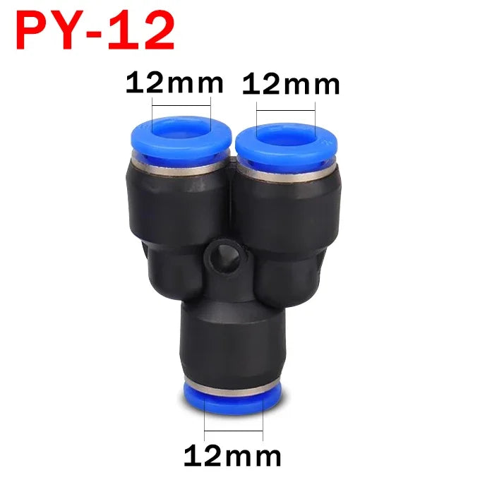 10pcs Y-Type Pneumatic Tee Fittings PY4-PY16 (4-16mm OD) - Push-In Quick Connect for Air/Water Hose, Blue Nylon & Brass