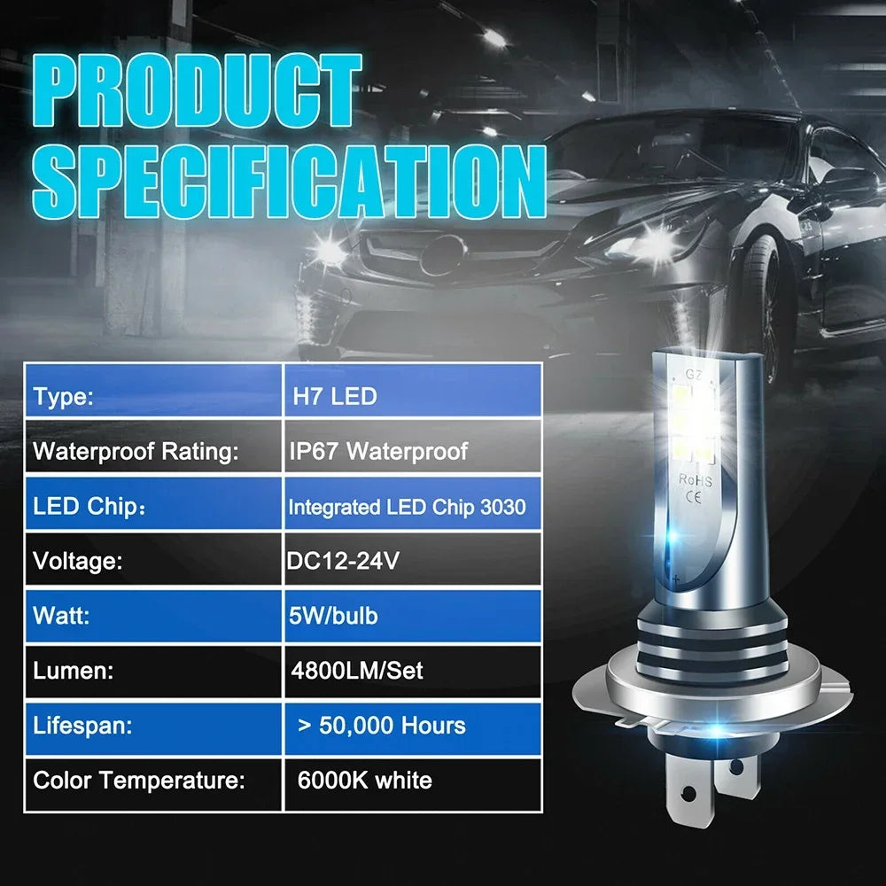 2pcs H4/H7 Led Headlight Bulb Kit Car Fog Light Bulbs High Low Beam 30000lm Super Bright 6500k White Led Lights for Vehicles New