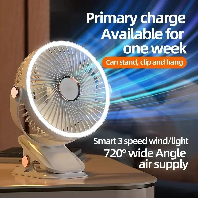 Clip-on Fan Quiet Rechargeable Desktop Portable Air Circulator Wireless Fan With LED Light For Camping Amagi
