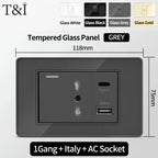 T&I Wall Switch Sockets with USB-C Fast Charging - Italy Socket, Chile Schuko Outlet & Tempered Glass Panel for Home Use