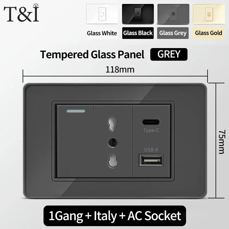 T&I Wall Switch Sockets with USB-C Fast Charging - Italy Socket, Chile Schuko Outlet & Tempered Glass Panel for Home Use