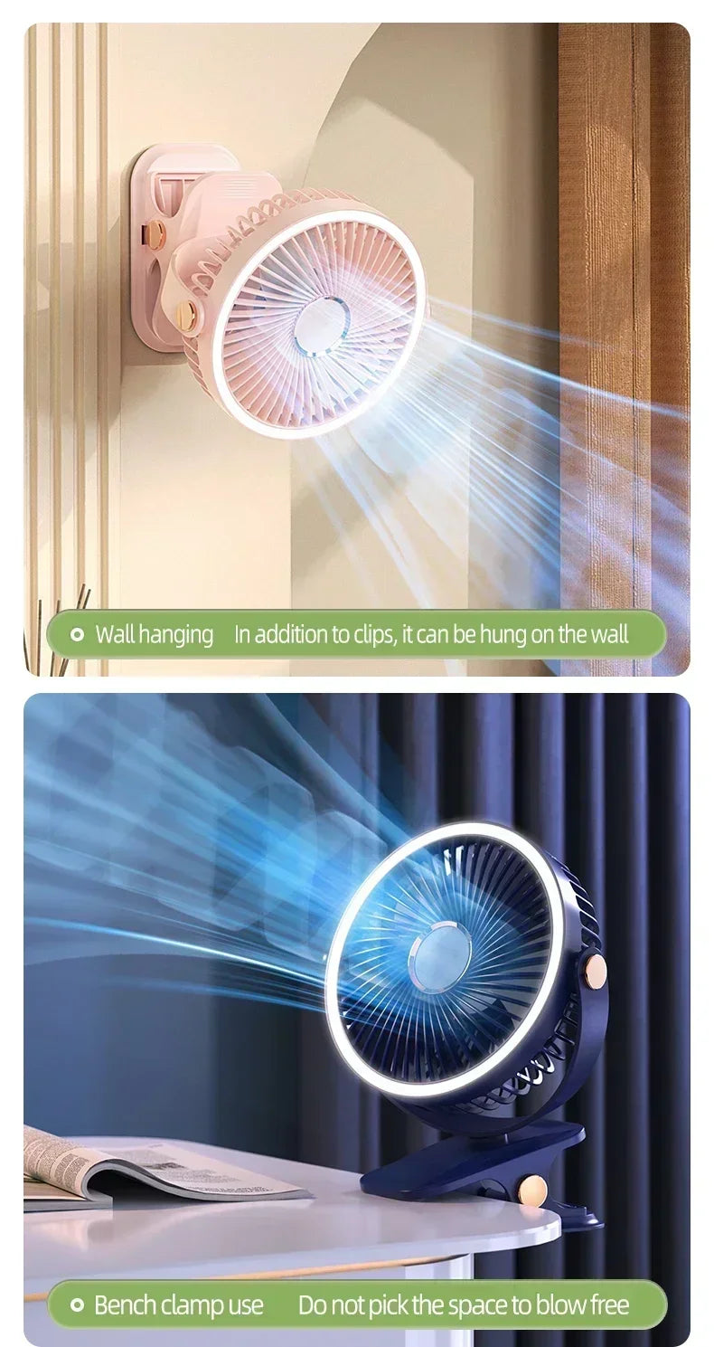 Clip-on Fan Quiet Rechargeable Desktop Portable Air Circulator Wireless Fan With LED Light For Camping Amagi