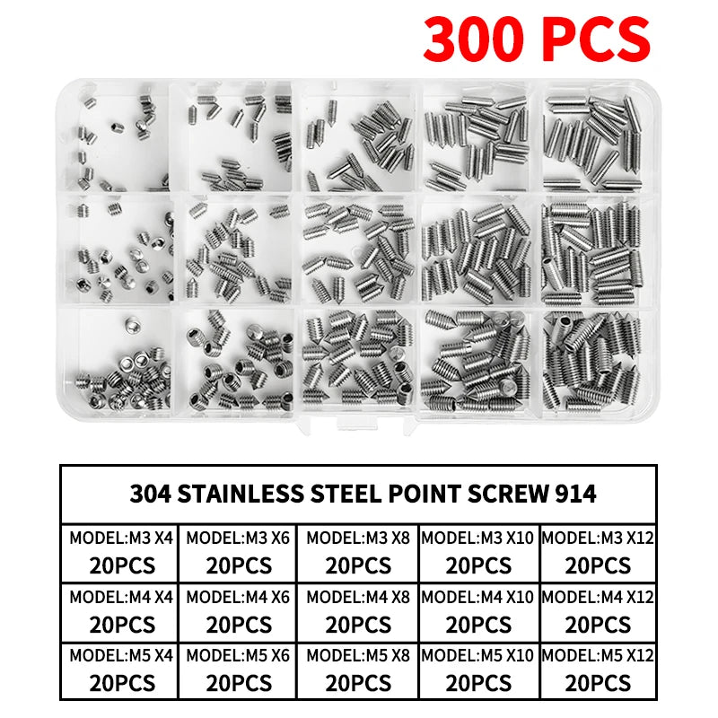 DIN914 304 Stainless Steel Hex Socket Point Grub Screws Set with M3, M4, M5, M6, M8, M10 Sizes - High - Hardness Assortment