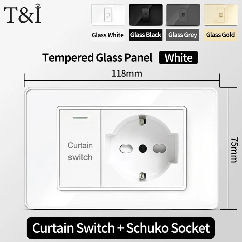 118x75mm Type-C Fast Charging Wall Socket Italy & Chile Schuko Outlet - Tempered Glass Panel Modern Design -Type Switch