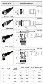 2m M12 Waterproof Sensor Cable, Male & Female Connector, 4/5/8/12 Pin, Integrated Injection Molded for Industrial Automation