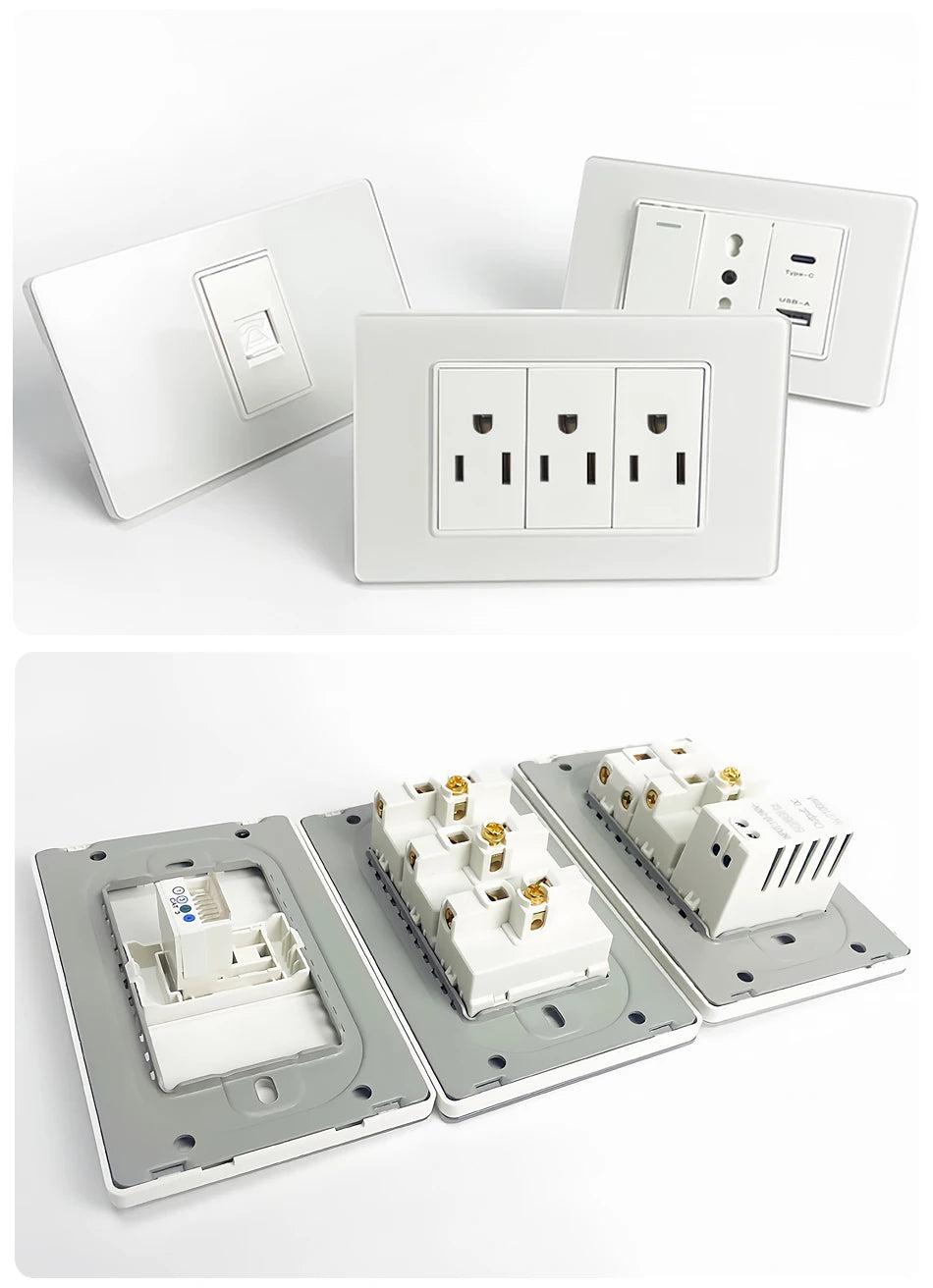 Brazil Standard Wall Socket (Type N) with Type‑C USB, 3‑Gang Wall Switch, Tempered Glass Panel, Stable Power for Home/Office