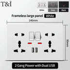 Universal Wall Socket 2‑Gang Power Outlet with Switches, USB‑C Charging Port, LED Indicator, Flush Mount, AC 110‑250V