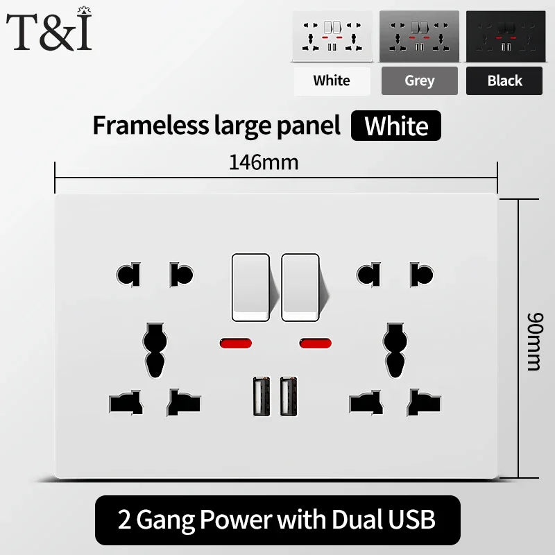 Universal Wall Socket 2‑Gang Power Outlet with Switches, USB‑C Charging Port, LED Indicator, Flush Mount, AC 110‑250V
