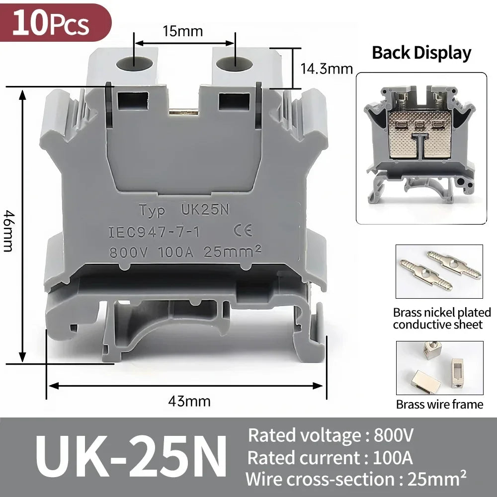 Premium Brass UK Screw Clamp Connector for Wiring, DIN Rail - Mounted,UK1.5N, 2.5B, 3N, 5N, 6N, 10N, 16N, 25N, 35N, 50N