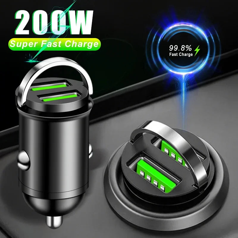 For Iphone/Samsung/Huawei/Xiaomi 100/200W USB Aluminum Alloy Mini Car Charger Adapter Double Ports Fast Cigarette Lighter Amagi