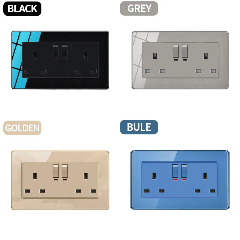 EU Russia France UK Socket AC Panel 86 Wall Switch Toggle Press Light Switch On/Off Crystal Tempered Glass Panel Wall Outlet