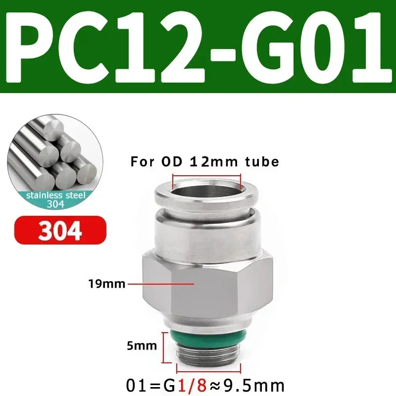 Stainless Steel PC-G Pneumatic Push-In Fitting, Straight Male G Thread Air Tube Connector for Air Compressor & Pneumatic Systems