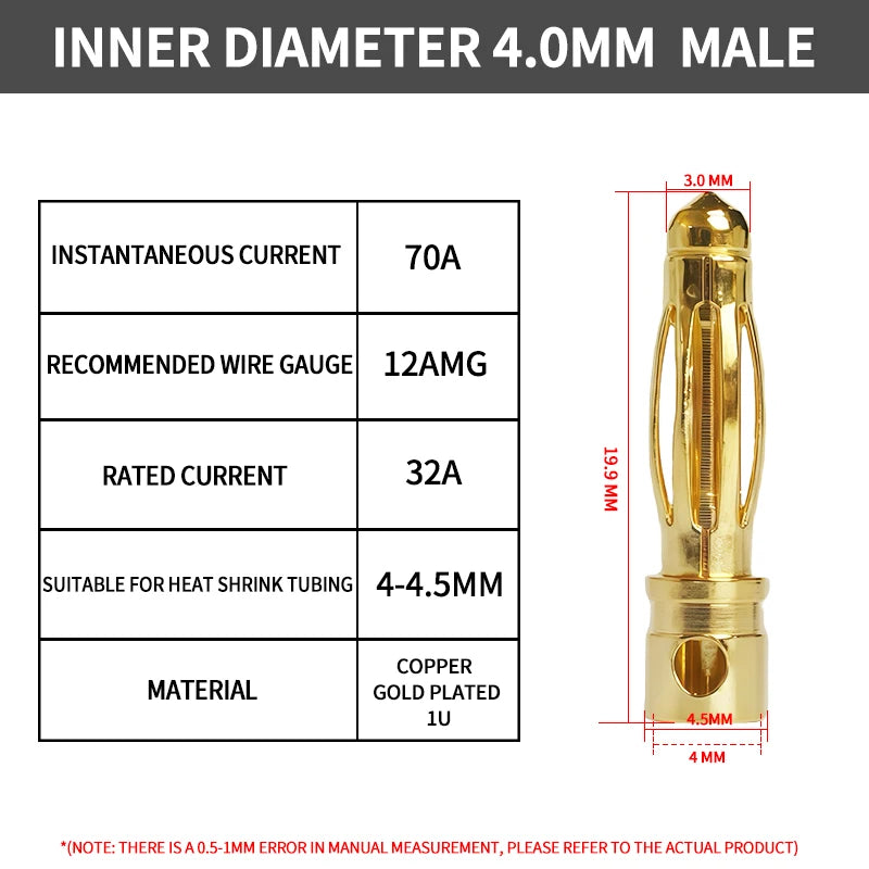 40Pcs Gold-Plated Bullet Banana Connectors, 2–8mm Pure Copper Plug Set for RC Brushless Motor & ESC Wiring