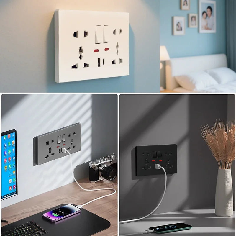 Universal Wall Socket 2‑Gang Power Outlet with Switches, USB‑C Charging Port, LED Indicator, Flush Mount, AC 110‑250V
