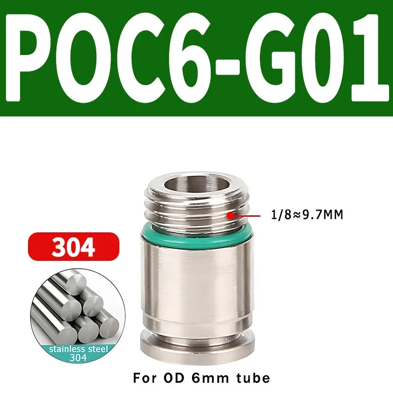 304 Stainless Steel Pneumatic Push-In Fitting POC-G, Internal Hex Quick Connector for Air and Gas Pipe Systems