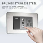 Stainless Steel Wall Socket 118x75mm Italian-Style with USB-C & Schuko Chilean Plug - Brushed Finish for Home/Office