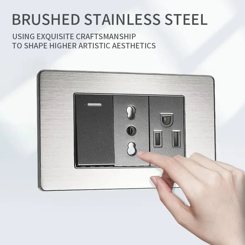 Stainless Steel Wall Socket 118x75mm Italian-Style with USB-C & Schuko Chilean Plug - Brushed Finish for Home/Office