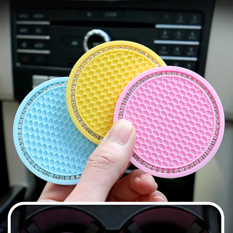 2pcs Cute Bling Car Cup Holder Coaster Mat with Rhinestone for Women Girl Universal Anti Slip Automotive Interior Amagi