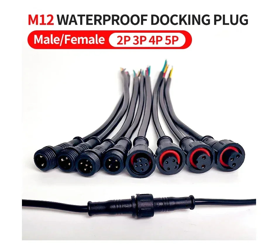 M12 Male-Female Waterproof Adapter 2/3/4/5 Pin - 20cm Length IP65 Cable Head for LED Bar/Neon Light Connection