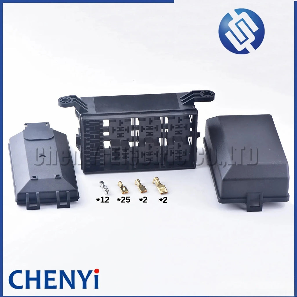 12-Slot Relay Box 6 Relays Fuses Holder Block with 41 pcs Metallic Pins Universal for Automotive and Marine Use