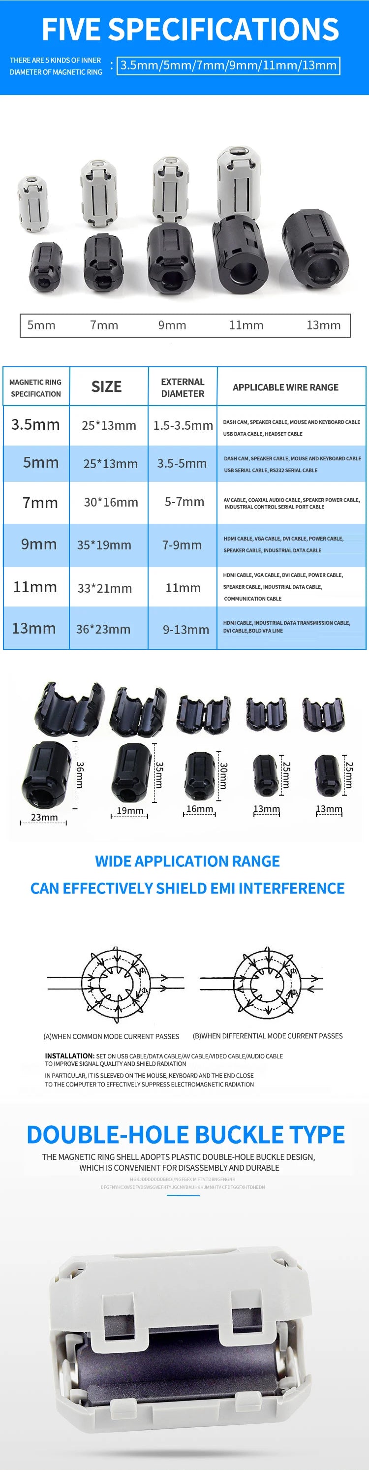 10PCS Snap Magnetic Ring Ferrite Filter For Cable Shield Removable EMC Inner Diameter 3.5MM 5/7/9/11/13/15MM Degaussing Filter