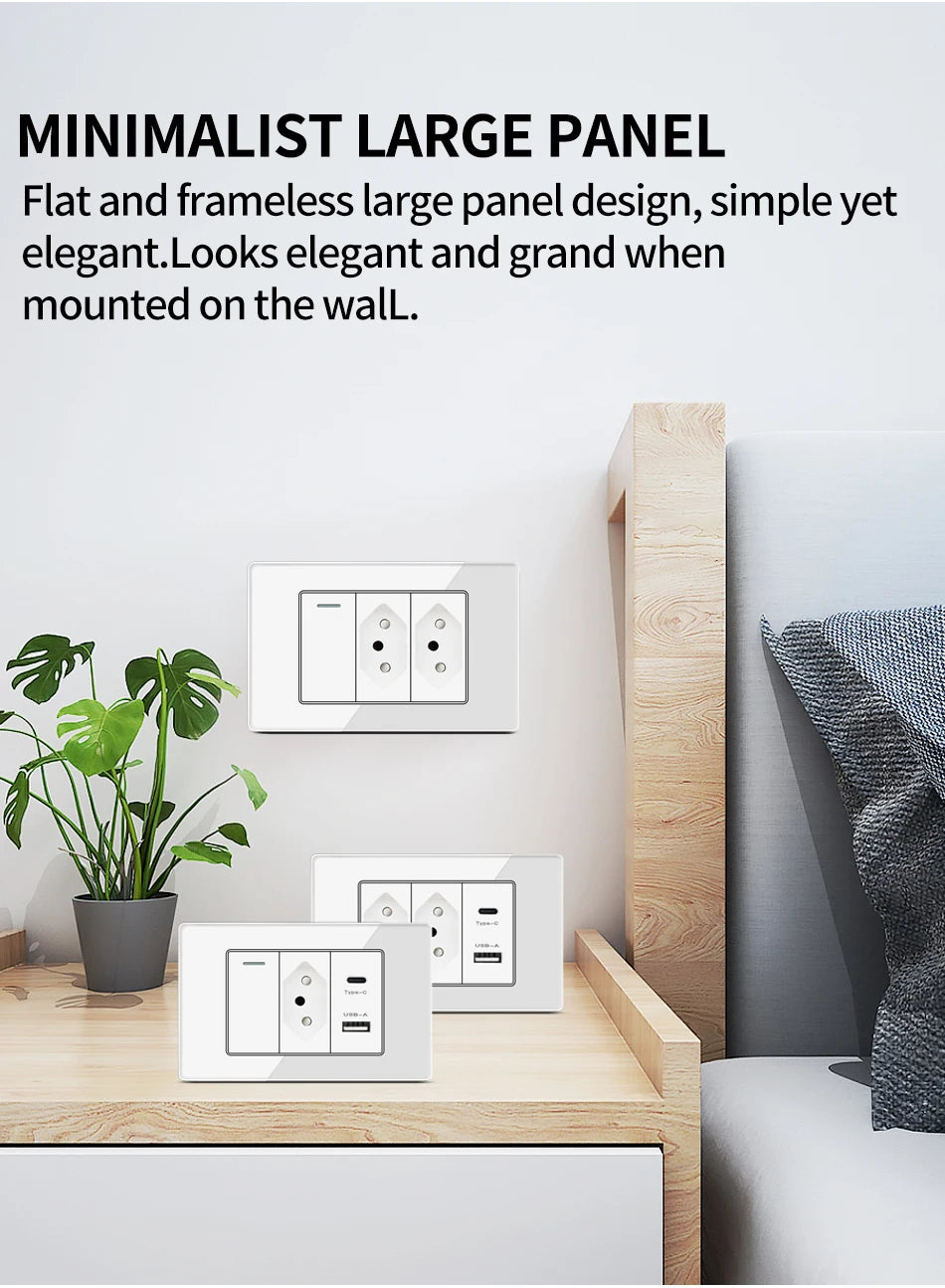 Brazil Standard Wall Socket (Type N) with Type‑C USB, 3‑Gang Wall Switch, Tempered Glass Panel, Stable Power for Home/Office