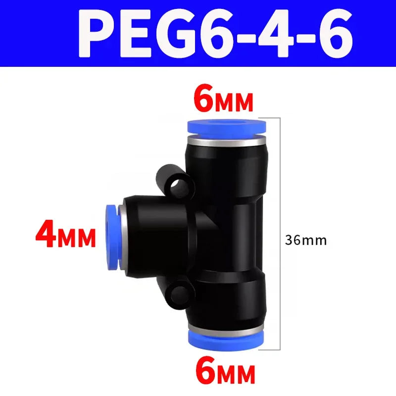 Pneumatic Push-In Quick Connector PE/PEG Plastic Tee Fittings (PE4 PEG6-4/8-4/8-6/10-6/8) for Air Compressor Fluid Systems Hose