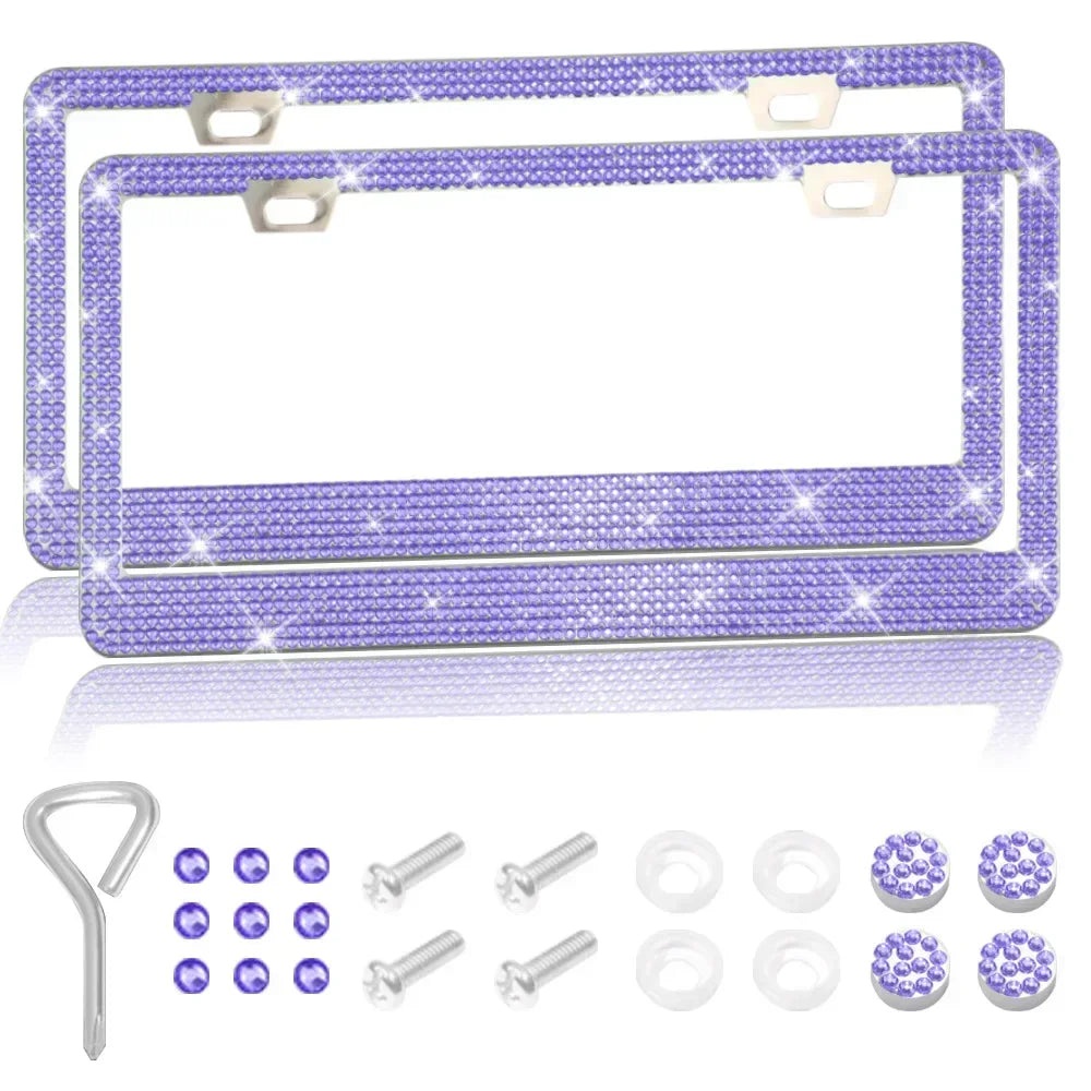 Bling Crystal License Plate Frame Luxury Car Frame Plate with Button Diamond Car License Plate Frame Cover for Women-2 Pack