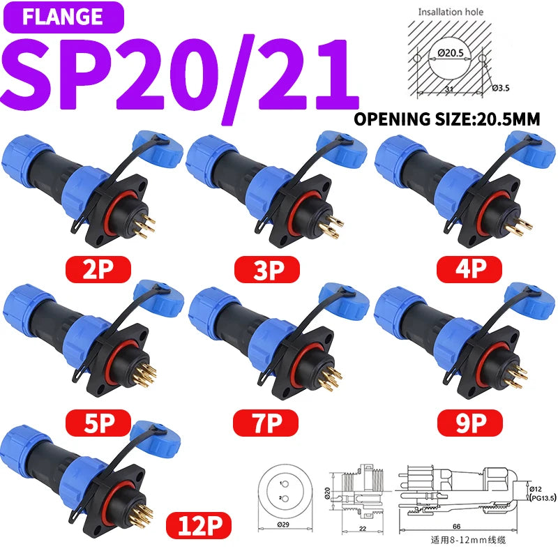 SP21 SP20 SP17 SP16 SP13 Docking 2P 3P 4P 5P 6P 7 12Pin IP68 Waterproof Aviation Connector,Panel Mount Connector Plug and Socket