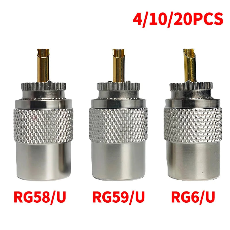 UHF Male Plug & N-Type Male Plug RF Connectors, Gold-Plated Brass Crimp Adapter for RG58 RG59 RG6U Coaxial Cable, Antenna Use