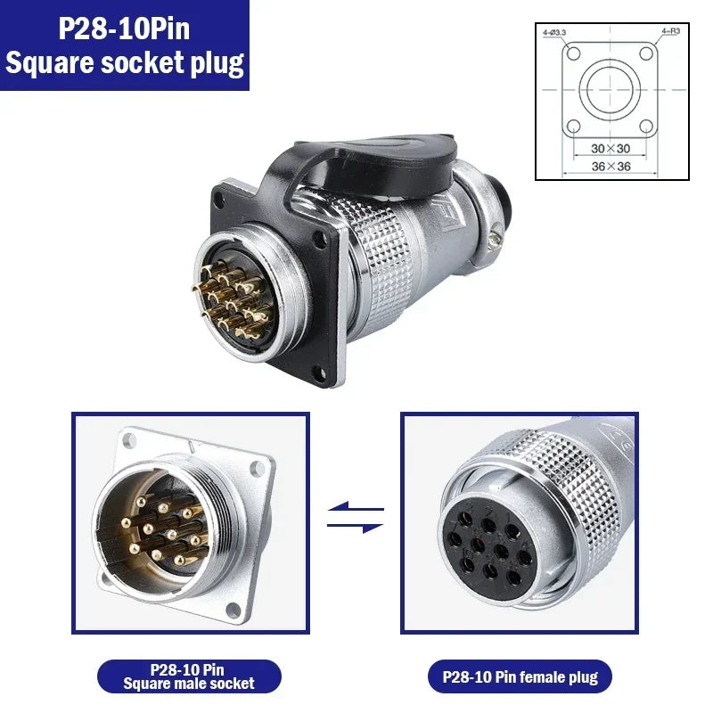 P28 Aviation Connector, Square Flange Socket, Male/Female Circular Butt Joint, 2/3/4/5/7/10/12/14/16/19/20/24 Pin, P28K2Q PLS28