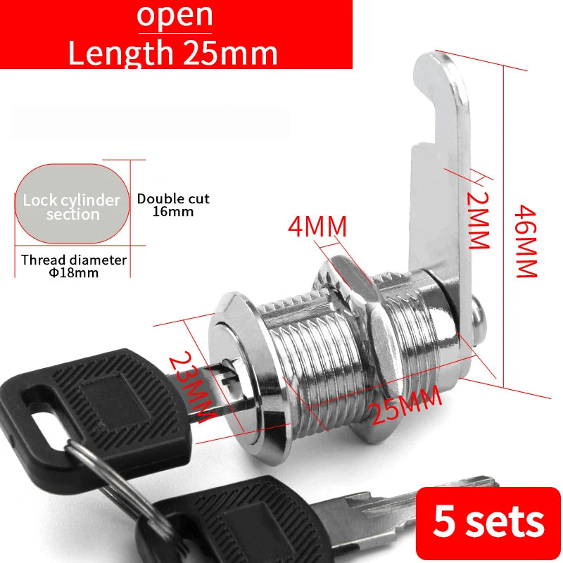 Cabinet Cam Lock Set, 5 Pack Two-Sided Keyed Alike 16MM-30MM Cylinder Cam Locks Secure Mailbox File Drawer Compartment Lock