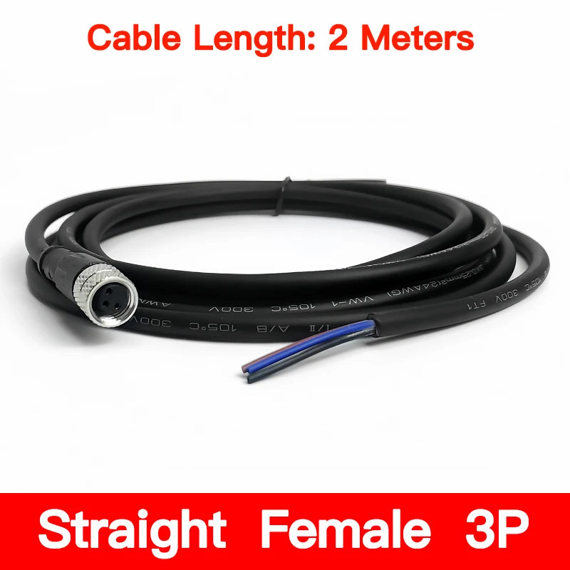 2m M8 Sensor Connector Cable, Straight & Right Angle Options, Male/Female, 3/4/5/6/8 Pin, Waterproof Molded Plug for Industry
